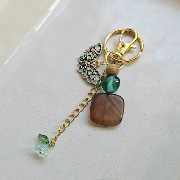 Butterfly Charm Beaded Keychain | Handmade Green & Gold Keyring - Picture 6 of 7